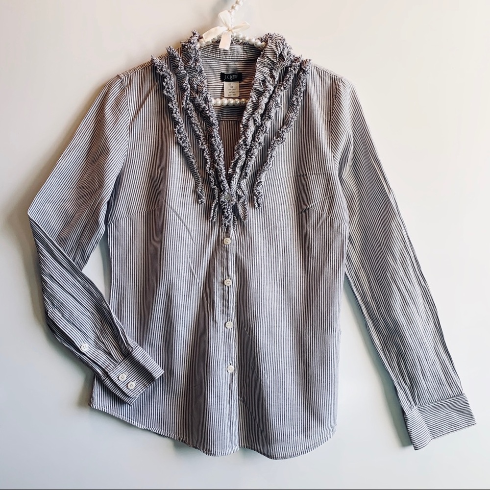 J. Crew Button Down Ruffle Pinstriped Shirt Blouse